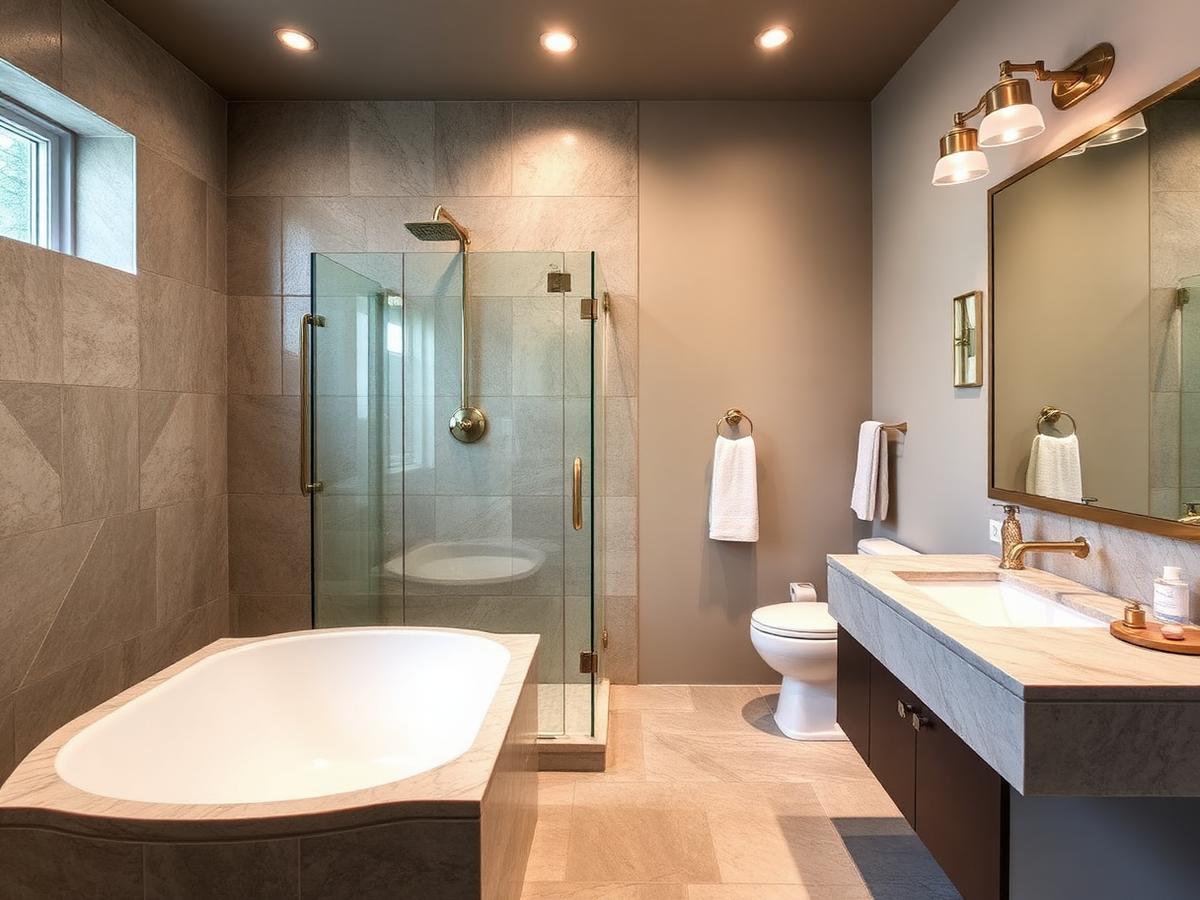 Remodeled bathroom with a glass walk-in shower and stone tile
